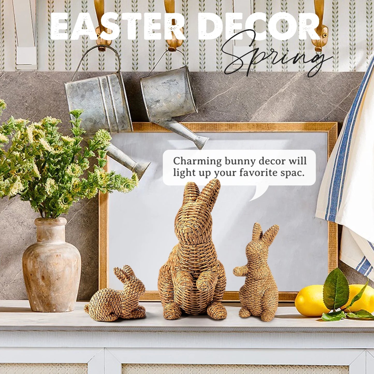 3 Pcs Easter Rabbit Decor, Easter Rattan Bunny Resin Ornaments for Home Courtyard Tabletop to Enhance the Easter Atmosphere