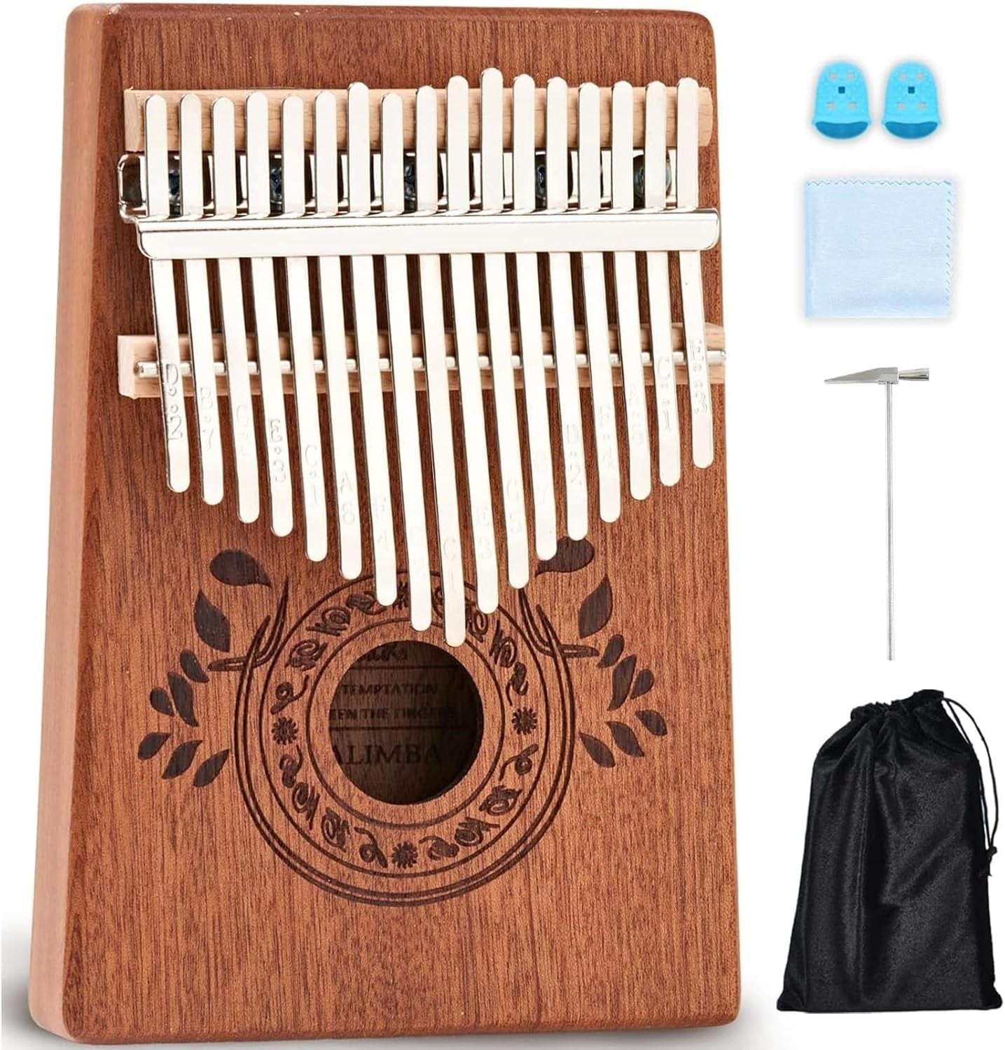 Kalimba 17 Key Thumb Piano | Premium, Lightweight & Durable Mahogany Mbira | Reduce Stress & Promote Well-Being | All Inclusive - Tuning Hammer, Velvet Bag & More | Great Gift for Kids & Adults