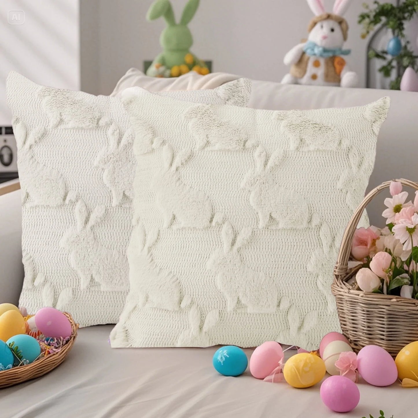 Easter Pillow Covers 18 X 18 Inch Pack of 2 Luxury Soft Bunny Rabbit Pattern Decorative Throw Pillowcases for Happy Easter Spring Holiday Decor Home Party Sofa Couch