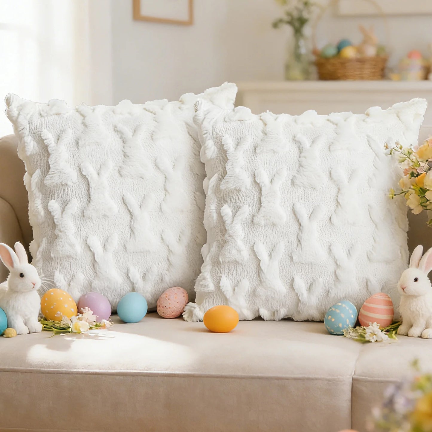 Easter Pillow Covers 18 X 18 Inch Pack of 2 Luxury Soft Bunny Pattern Decorative Throw Pillowcases for Easter