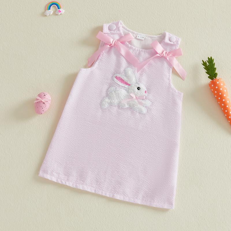 Toddler Baby Little Girl Easter Dress Sleeveless Crew Neck Bunny Embroidery Striped Tank Dress Summer 1-5 Years