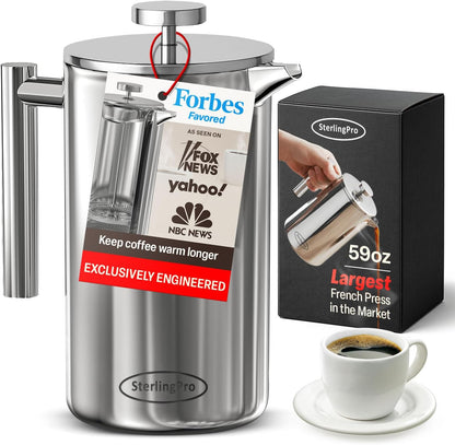 French Press Coffee Maker(1.75L)-Double Walled Large Coffee Press with 2 Free Filters-Enjoy Granule-Free Coffee Guaranteed, Stylish Rust Free Kitchen Accessory-Stainless Steel French Press