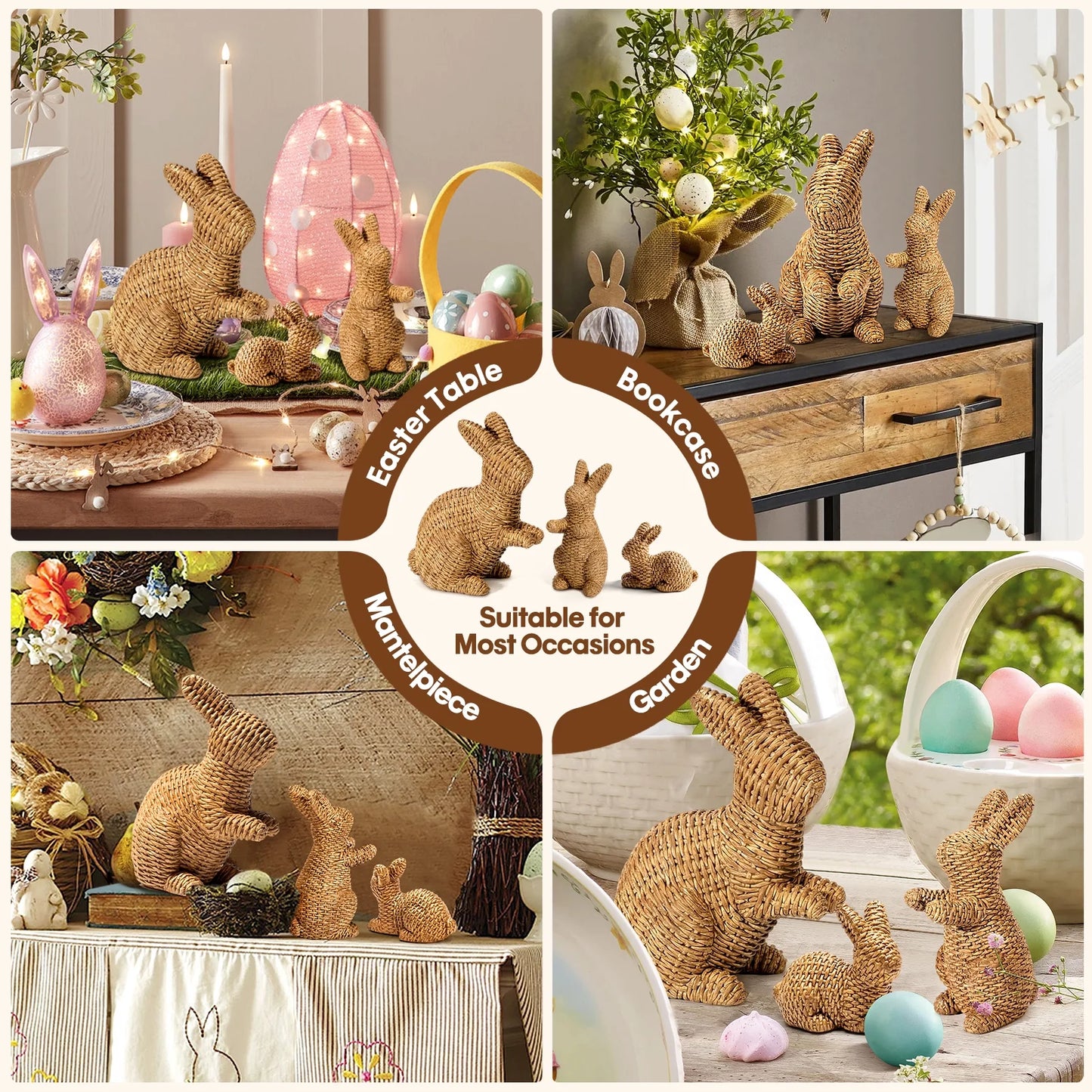 3 Pcs Easter Rabbit Decor, Easter Rattan Bunny Resin Ornaments for Home Courtyard Tabletop to Enhance the Easter Atmosphere