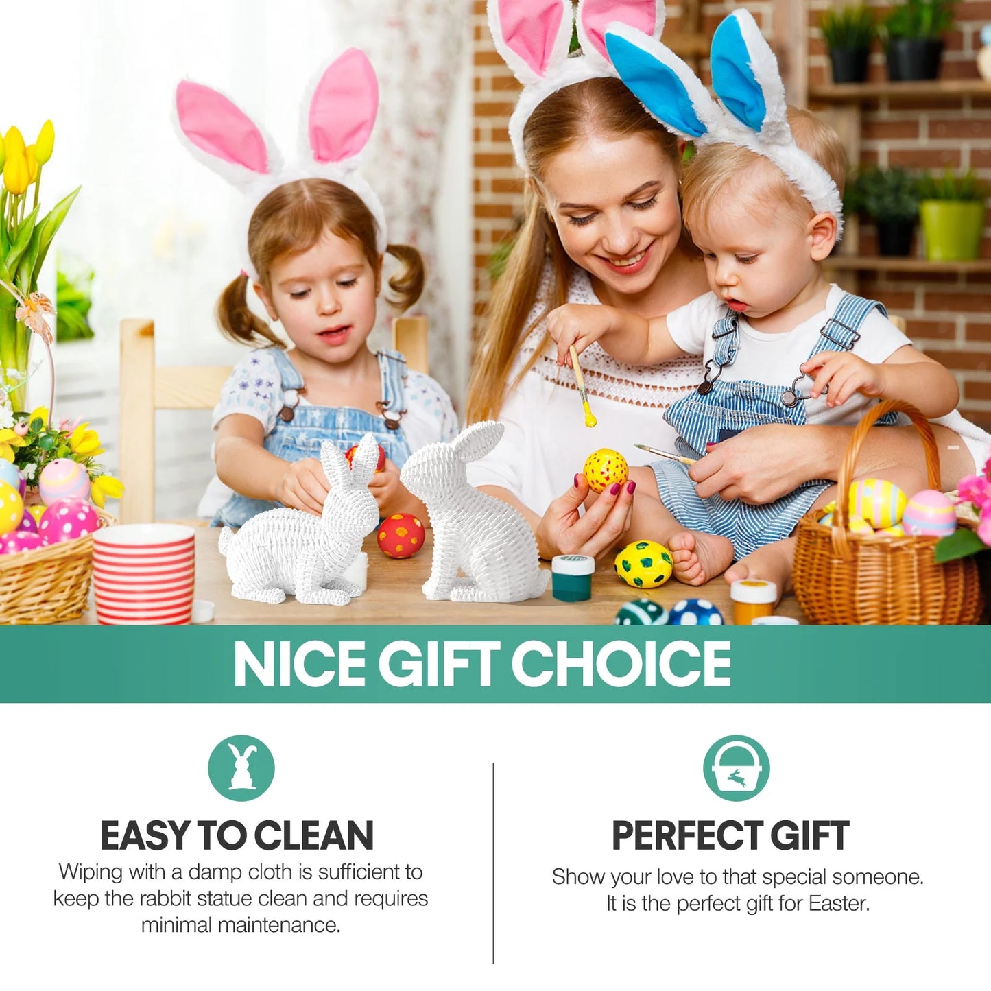 2 Pcs Easter Rabbit Decor, Easter Rattan Bunny Resin Ornaments for Home Courtyard Tabletop to Enhance the Easter Atmosphere