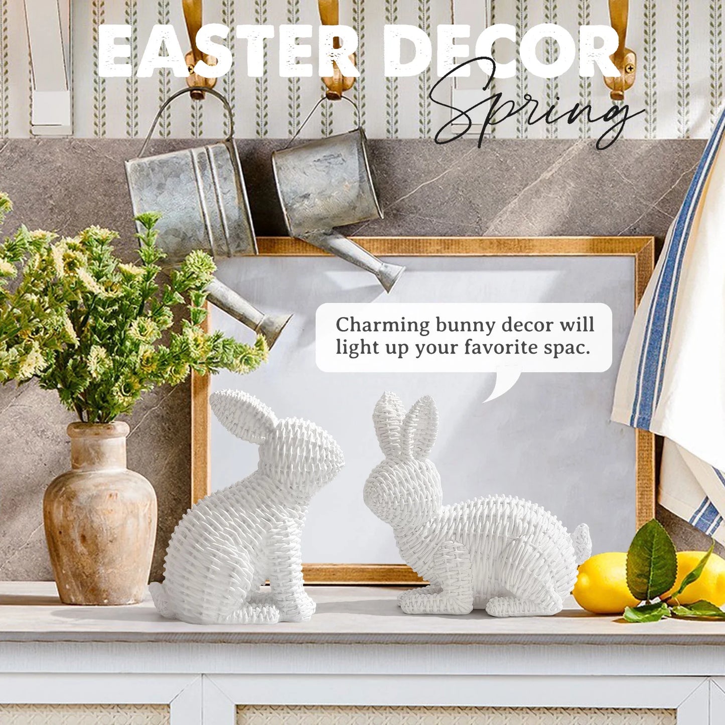 2 Pcs Easter Rabbit Decor, Easter Rattan Bunny Resin Ornaments for Home Courtyard Tabletop to Enhance the Easter Atmosphere