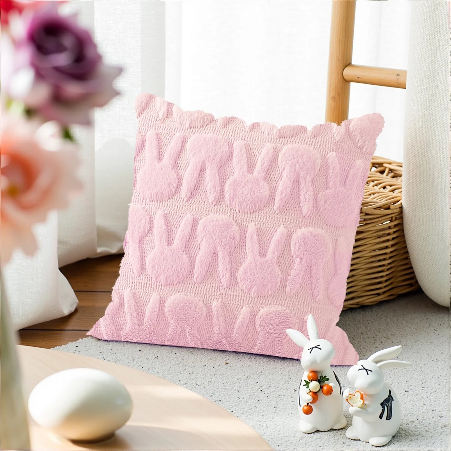 Easter Pillow Covers 18 X 18 Inch Pack of 2 Luxury Soft Bunny Rabbit Pattern Decorative Throw Pillowcases for Happy Easter Spring Holiday Decor Home Party Sofa Couch