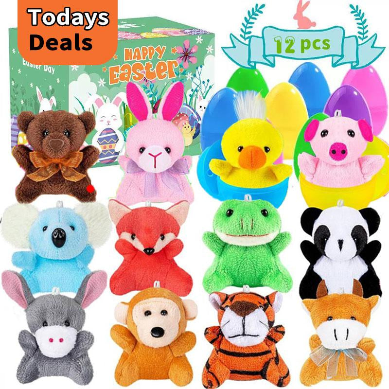 Easter Basket Stuffers & Easter Egg Fillers 12-Pack Pre-Filled Plastic Eggs with Assorted Mini Stuffed Animal Plush Toys for Kids, Easter Egg Hunt Games Prizes, Classroom Easter Activities, Party Favors for Boys & Girls Easter Egg Toy
