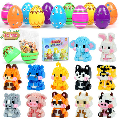 Easter Egg Fillers | 12-Piece Animal Building Block Toys | Mini Animal Figurines | Perfect for Easter Egg Hunt Party Favors, Supplies & Decorations