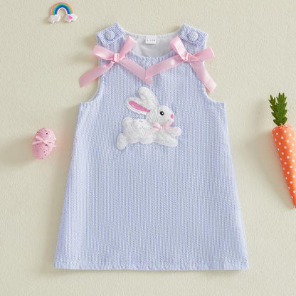 Toddler Baby Little Girl Easter Dress Sleeveless Crew Neck Bunny Embroidery Striped Tank Dress Summer 1-5 Years