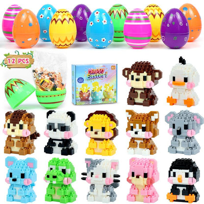 Easter Egg Fillers | 12-Piece Animal Building Block Toys | Mini Animal Figurines | Perfect for Easter Egg Hunt Party Favors, Supplies & Decorations