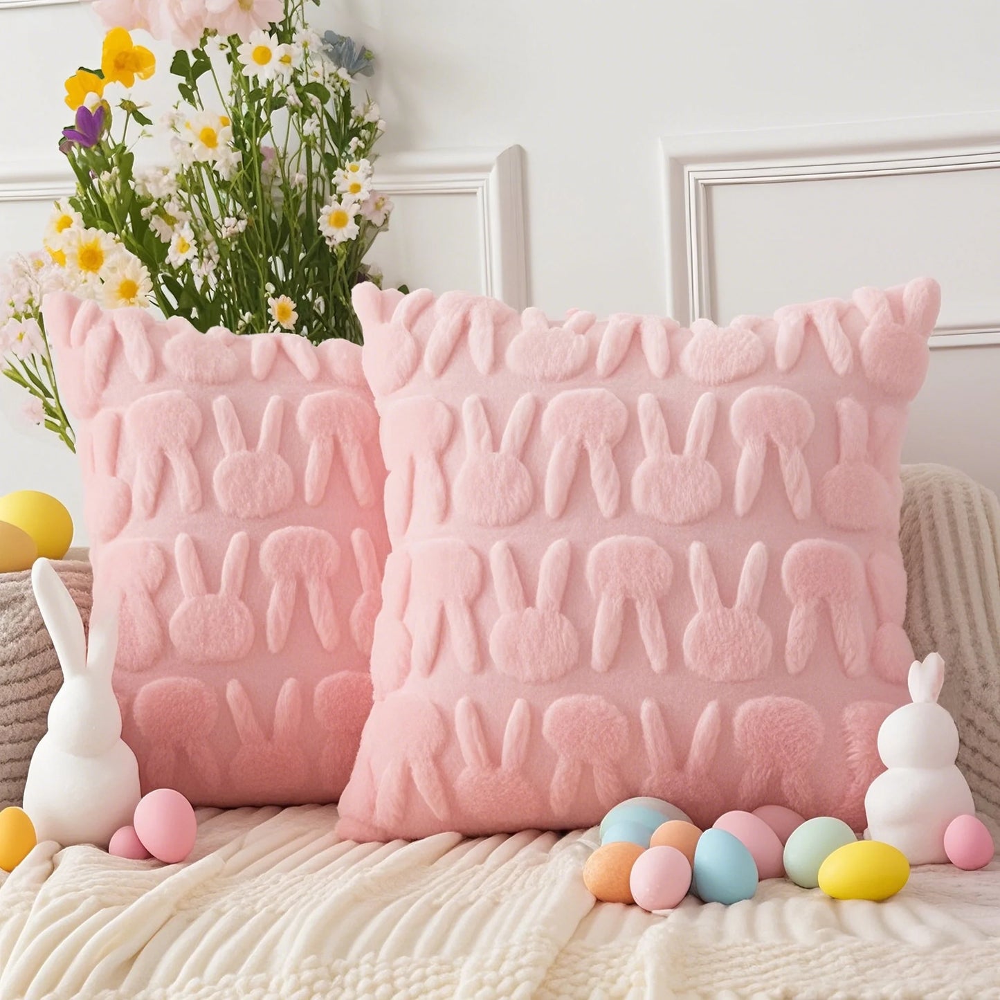 Easter Pillow Covers 18 X 18 Inch Pack of 2 Luxury Soft Bunny Rabbit Pattern Decorative Throw Pillowcases for Happy Easter Spring Holiday Decor Home Party Sofa Couch