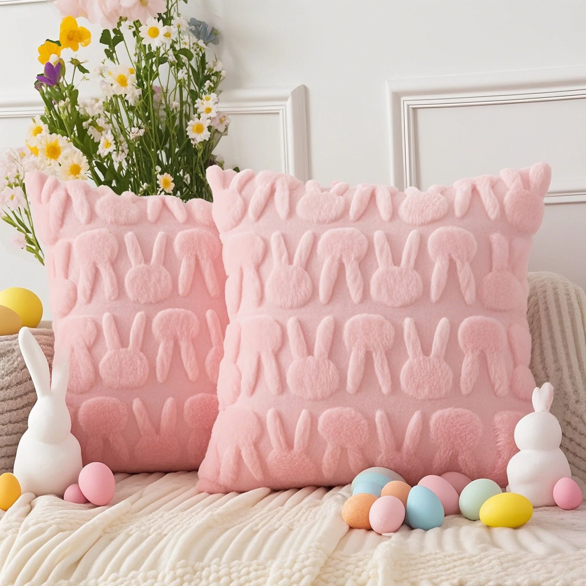 Easter Pillow Covers 18 X 18 Inch Pack of 2 Luxury Soft Bunny Rabbit Pattern Decorative Throw Pillowcases for Happy Easter Spring Holiday Decor Home Party Sofa Couch