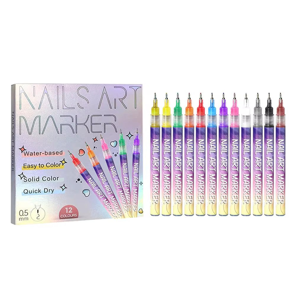 12Pcs/Set Nail Acrylic Graffiti Pen 12 Color Nail Marker Drawing DIY Beauty Nail Art Tools Waterproof and Quick Drying Nail Mark
