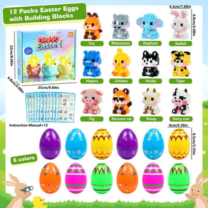 Easter Egg Fillers | 12-Piece Animal Building Block Toys | Mini Animal Figurines | Perfect for Easter Egg Hunt Party Favors, Supplies & Decorations
