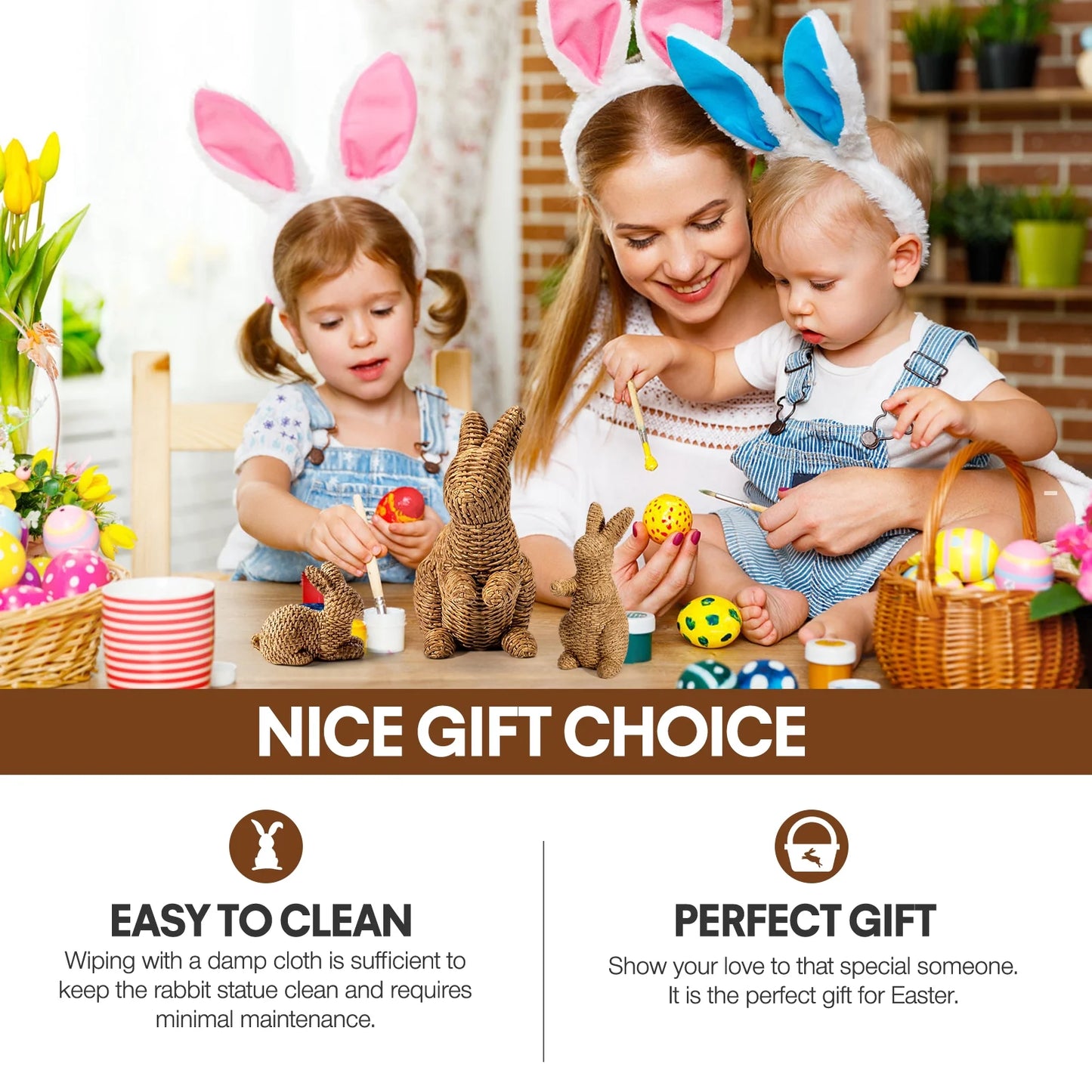 3 Pcs Easter Rabbit Decor, Easter Rattan Bunny Resin Ornaments for Home Courtyard Tabletop to Enhance the Easter Atmosphere