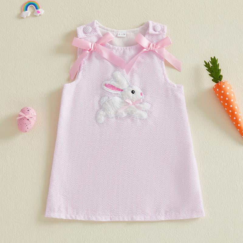 Toddler Baby Little Girl Easter Dress Sleeveless Crew Neck Bunny Embroidery Striped Tank Dress Summer 1-5 Years