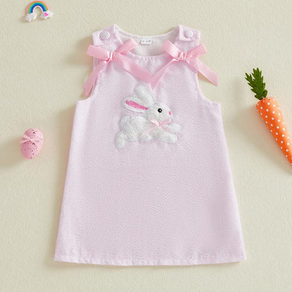 Toddler Baby Little Girl Easter Dress Sleeveless Crew Neck Bunny Embroidery Striped Tank Dress Summer 1-5 Years