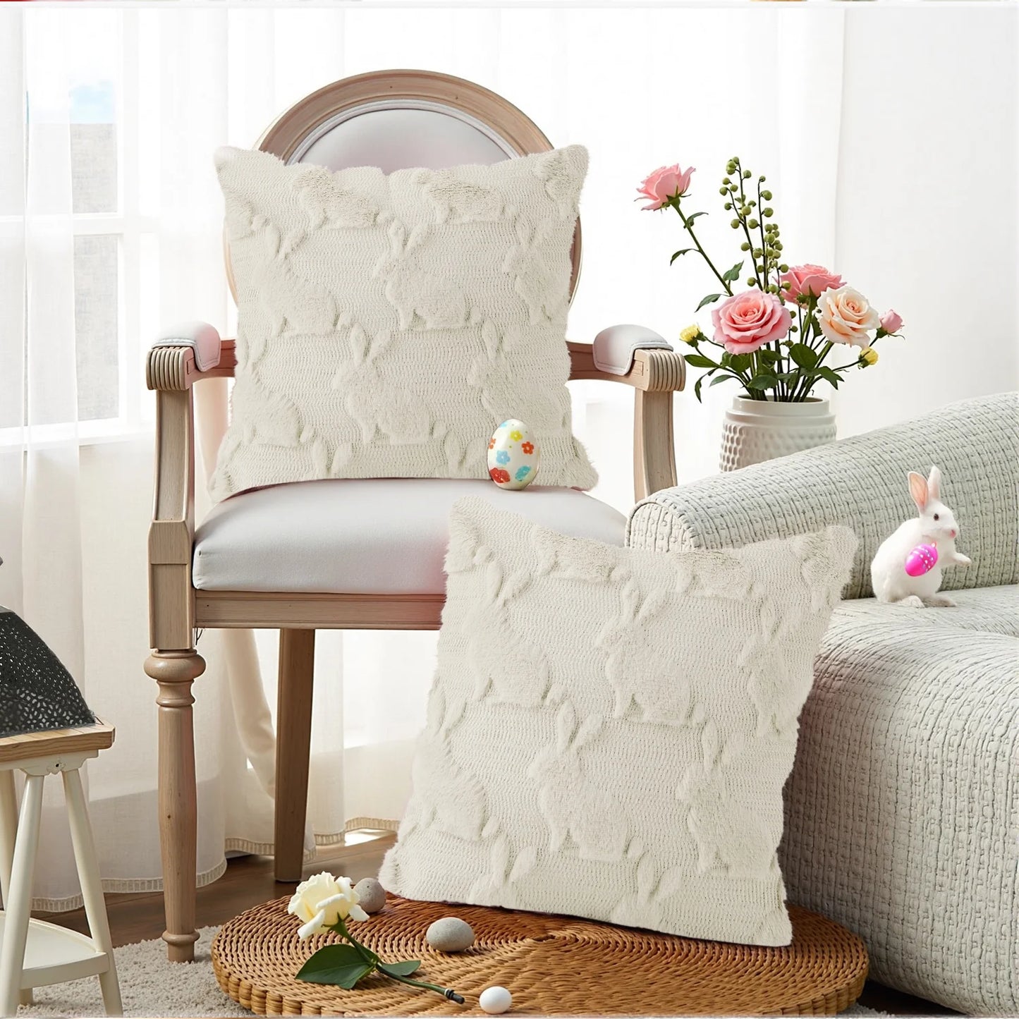 Easter Pillow Covers 18 X 18 Inch Pack of 2 Luxury Soft Bunny Rabbit Pattern Decorative Throw Pillowcases for Happy Easter Spring Holiday Decor Home Party Sofa Couch