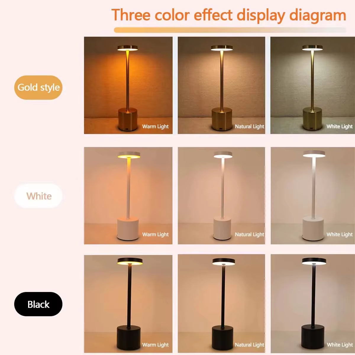 Classic Table Lamp USB Rechargeable Night Light Stepless Dimming Touch Desk Lamp Bedside Lamp Hotel Bar Decoration - Gold, Rose Gold, Black and White