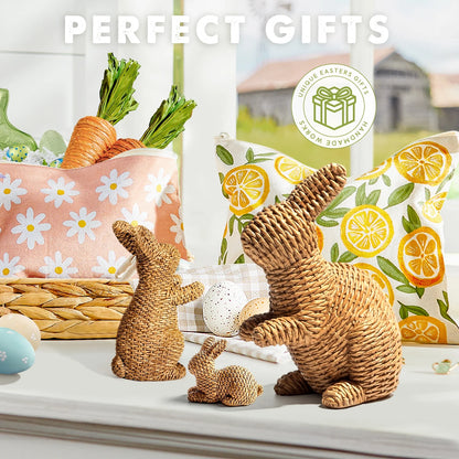 3 Pcs Easter Rabbit Decor, Easter Rattan Bunny Resin Ornaments for Home Courtyard Tabletop to Enhance the Easter Atmosphere
