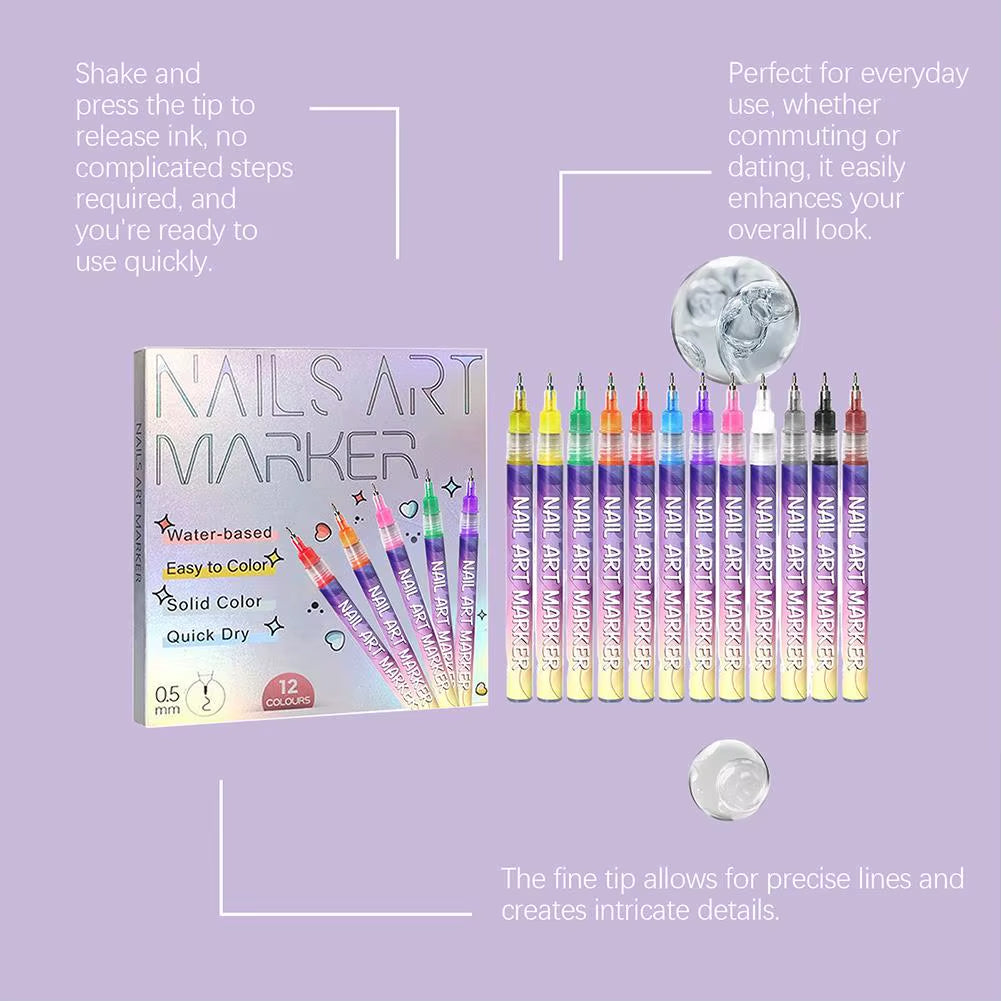 12Pcs/Set Nail Acrylic Graffiti Pen 12 Color Nail Marker Drawing DIY Beauty Nail Art Tools Waterproof and Quick Drying Nail Mark
