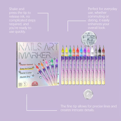 12Pcs/Set Nail Acrylic Graffiti Pen 12 Color Nail Marker Drawing DIY Beauty Nail Art Tools Waterproof and Quick Drying Nail Mark