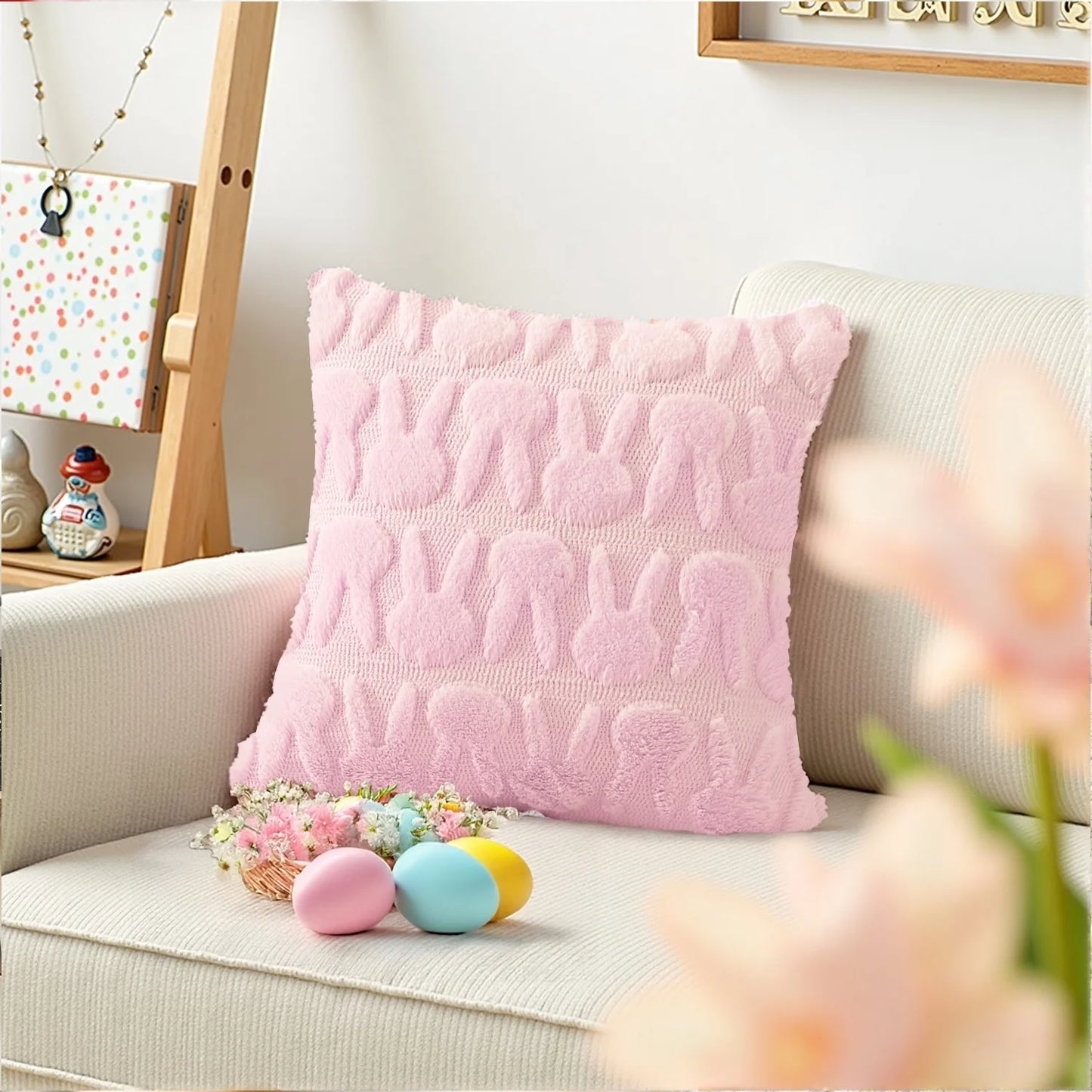 Easter Pillow Covers 18 X 18 Inch Pack of 2 Luxury Soft Bunny Rabbit Pattern Decorative Throw Pillowcases for Happy Easter Spring Holiday Decor Home Party Sofa Couch