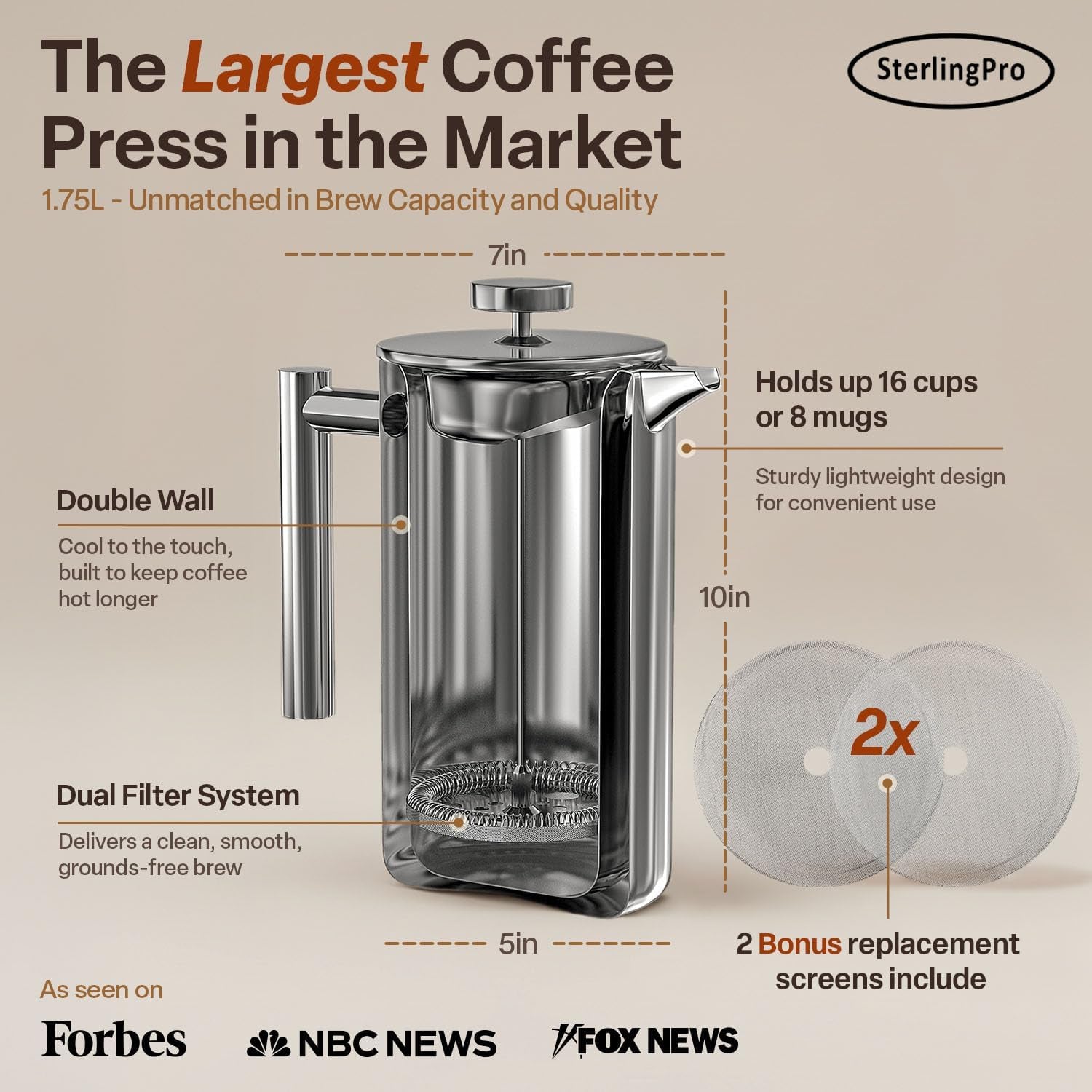 French Press Coffee Maker(1.75L)-Double Walled Large Coffee Press with 2 Free Filters-Enjoy Granule-Free Coffee Guaranteed, Stylish Rust Free Kitchen Accessory-Stainless Steel French Press