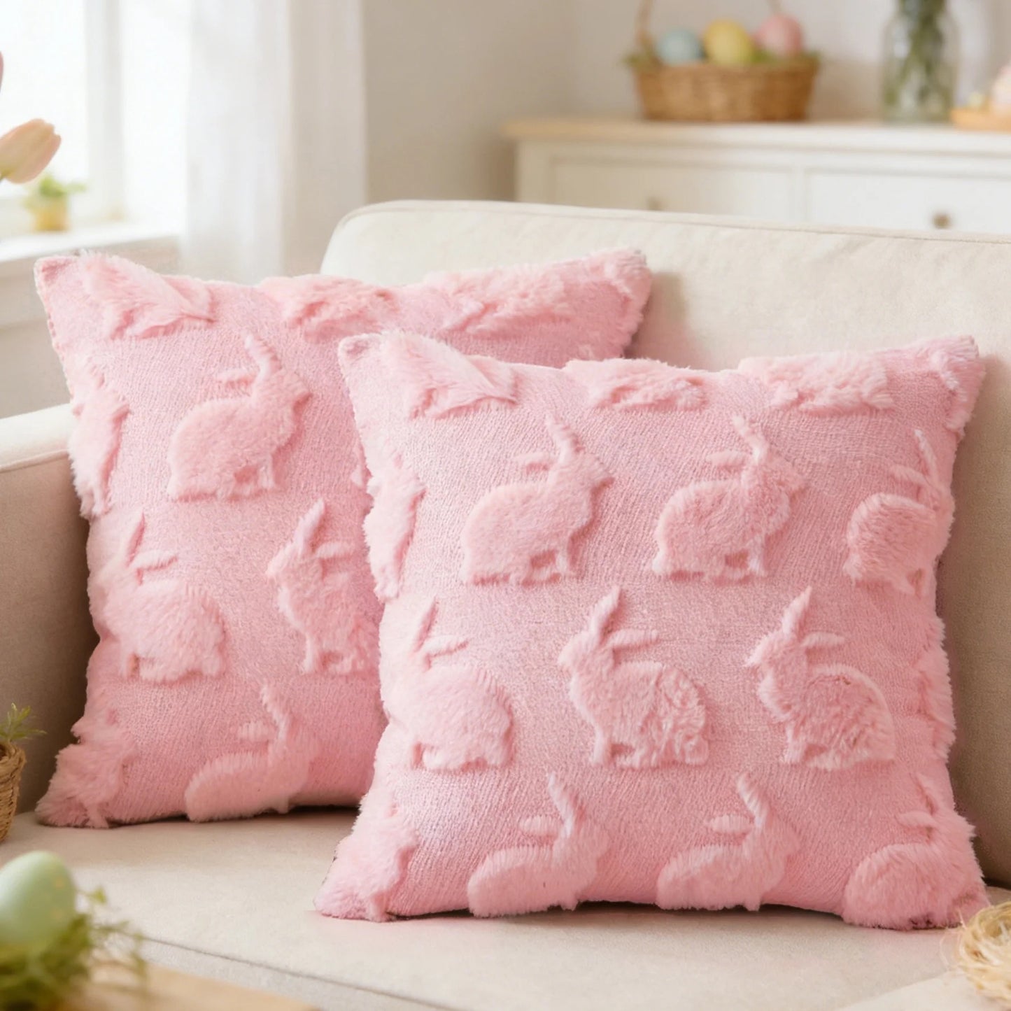 Easter Pillow Covers 18 X 18 Inch Pack of 2 Luxury Soft Bunny Pattern Decorative Throw Pillowcases for Easter