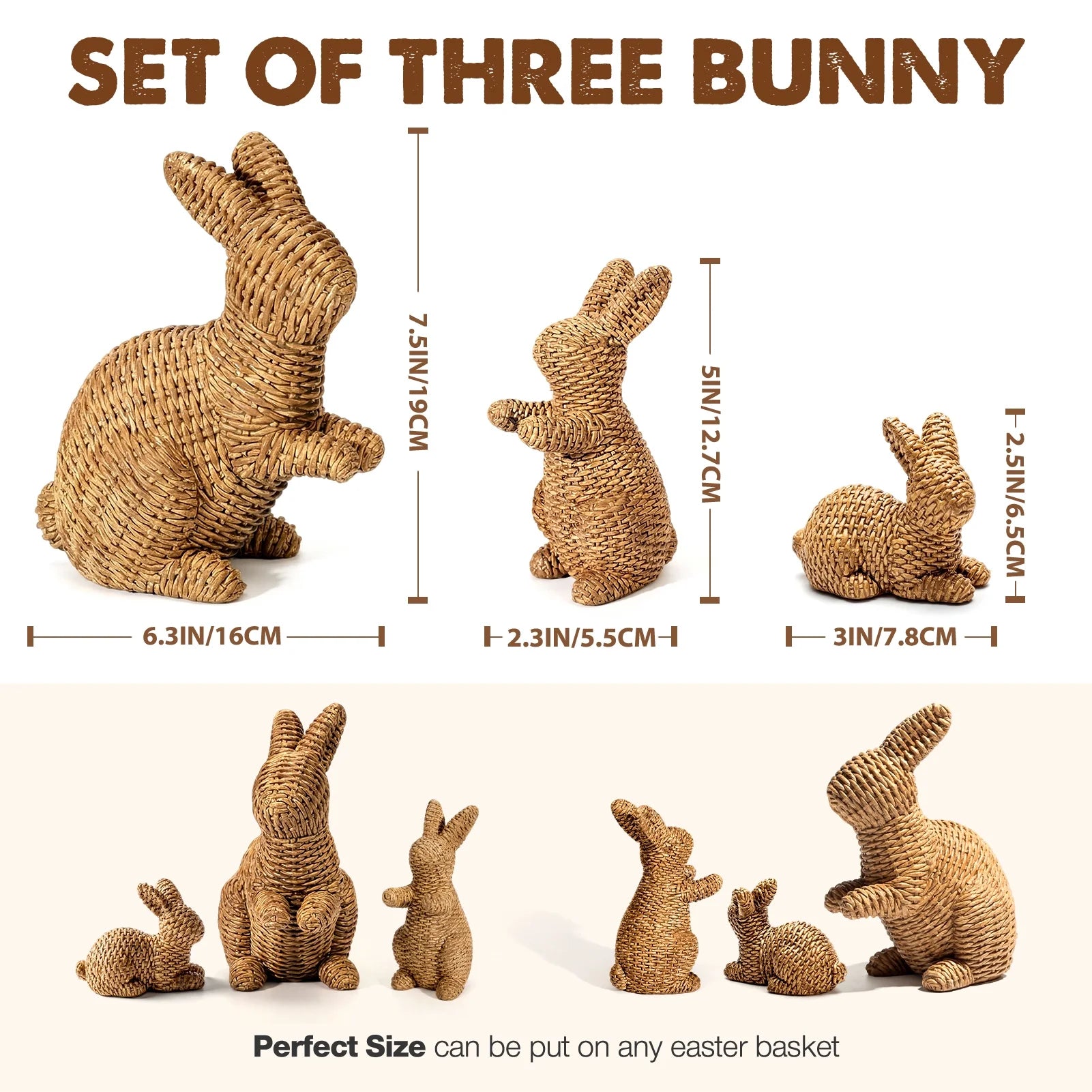 3 Pcs Easter Rabbit Decor, Easter Rattan Bunny Resin Ornaments for Home Courtyard Tabletop to Enhance the Easter Atmosphere