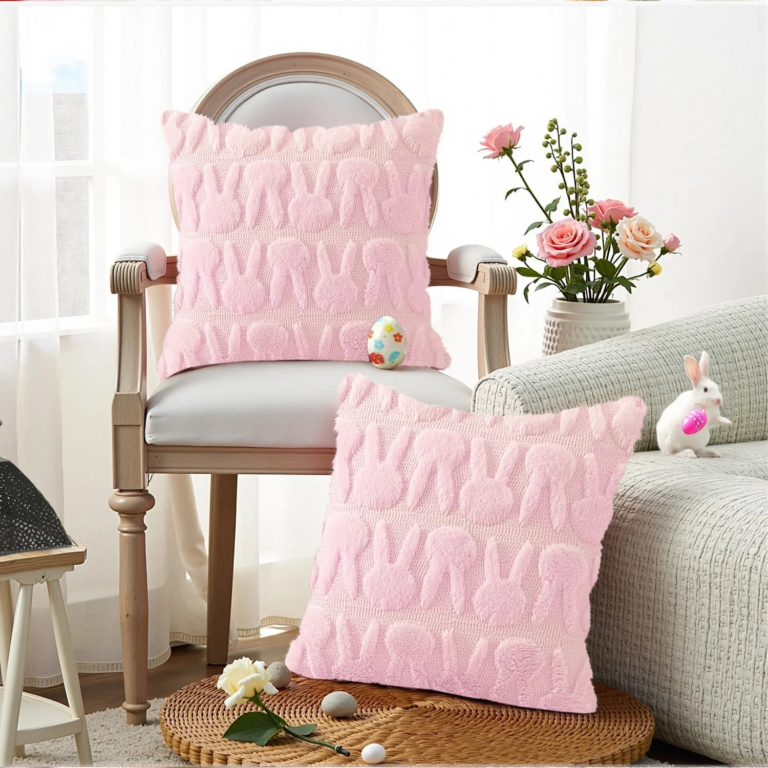 Easter Pillow Covers 18 X 18 Inch Pack of 2 Luxury Soft Bunny Rabbit Pattern Decorative Throw Pillowcases for Happy Easter Spring Holiday Decor Home Party Sofa Couch