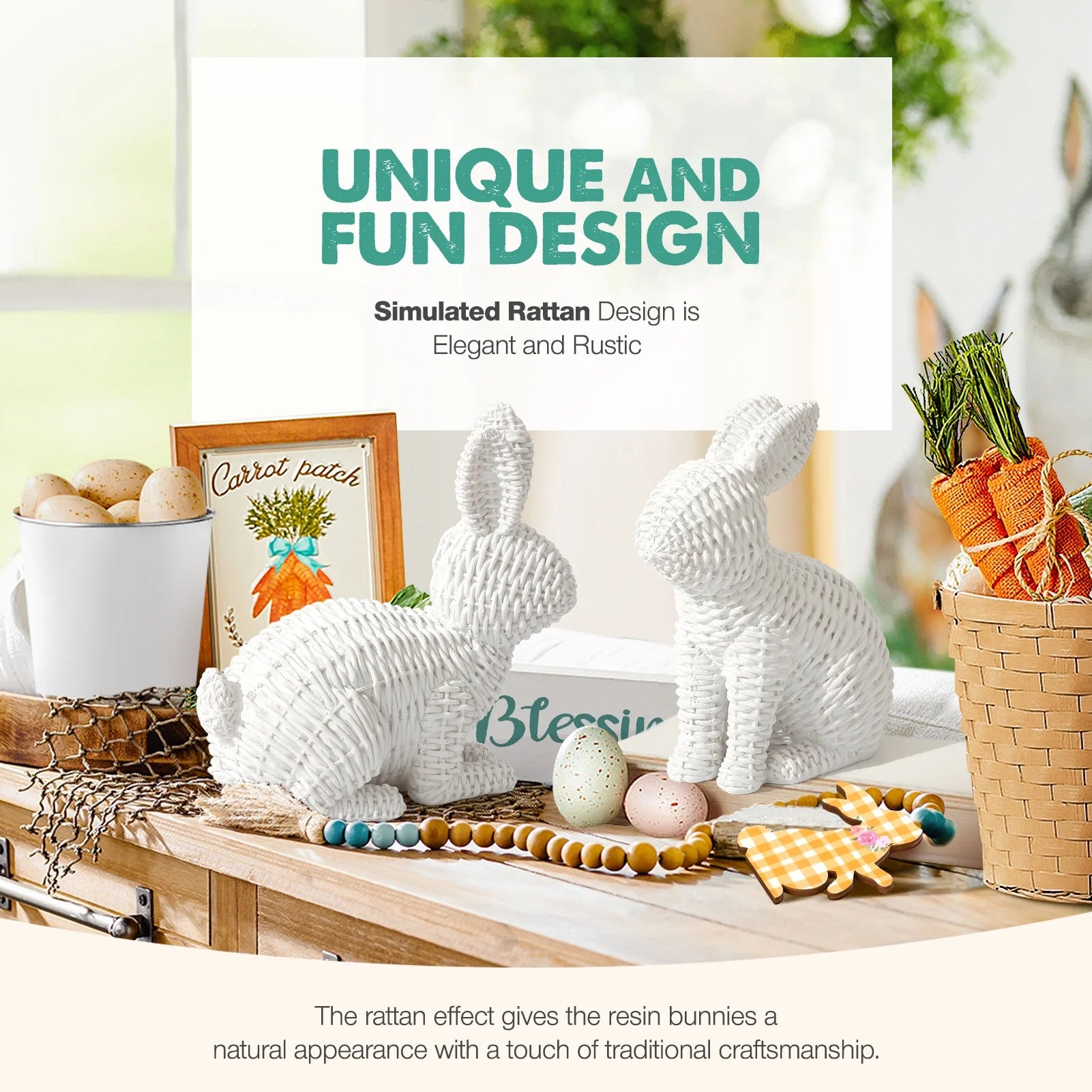 2 Pcs Easter Rabbit Decor, Easter Rattan Bunny Resin Ornaments for Home Courtyard Tabletop to Enhance the Easter Atmosphere