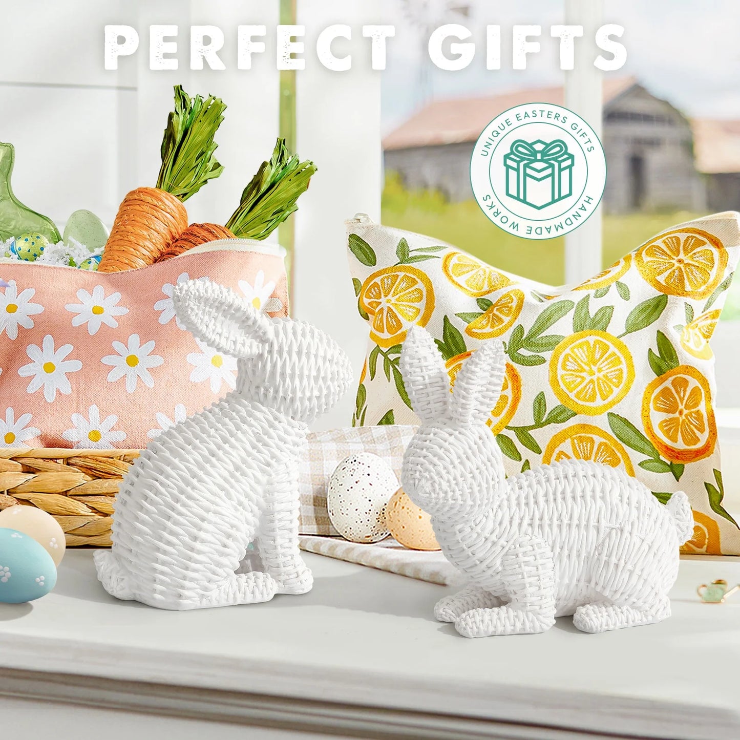 2 Pcs Easter Rabbit Decor, Easter Rattan Bunny Resin Ornaments for Home Courtyard Tabletop to Enhance the Easter Atmosphere