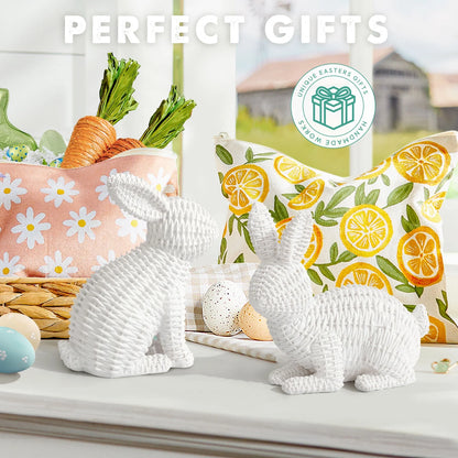 2 Pcs Easter Rabbit Decor, Easter Rattan Bunny Resin Ornaments for Home Courtyard Tabletop to Enhance the Easter Atmosphere