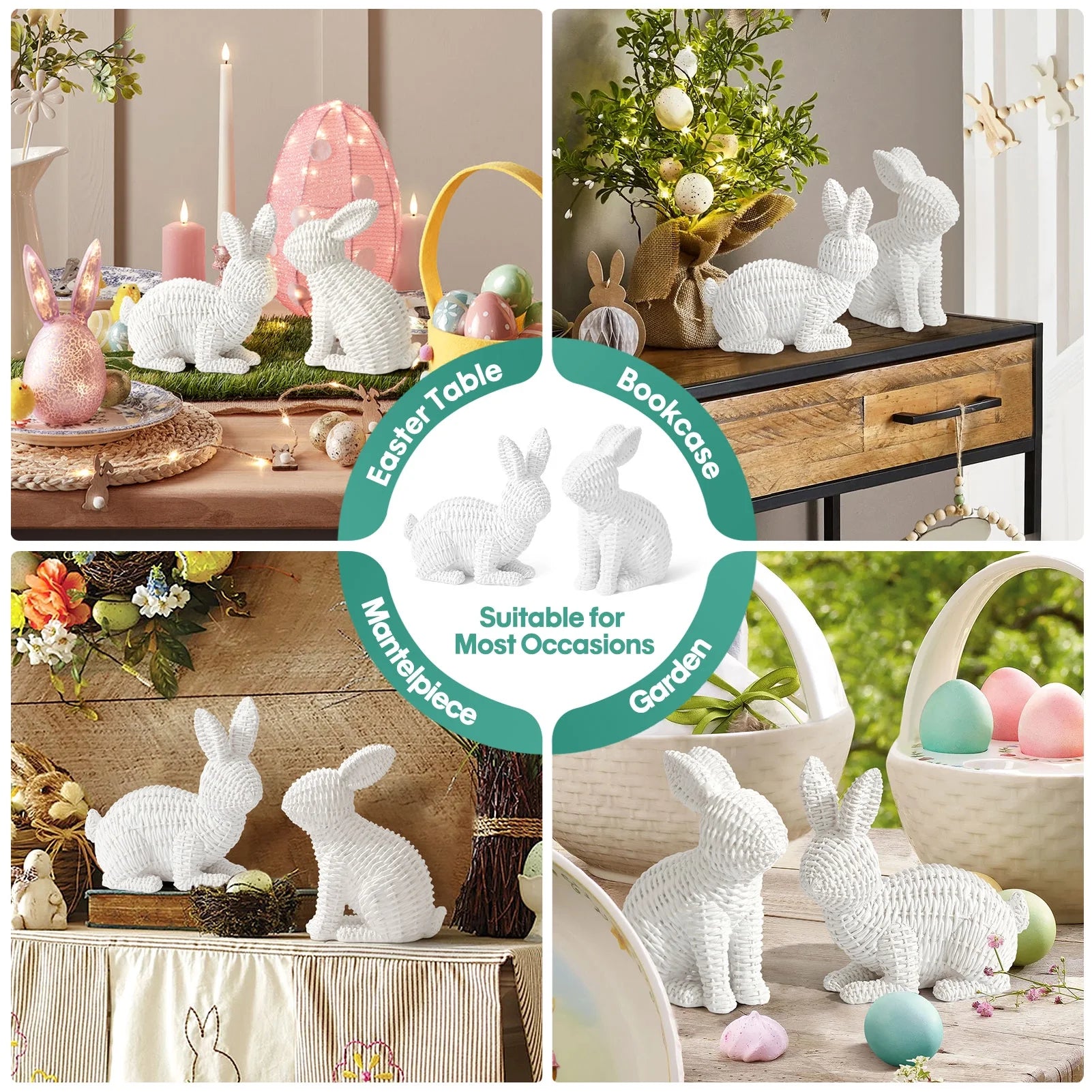 2 Pcs Easter Rabbit Decor, Easter Rattan Bunny Resin Ornaments for Home Courtyard Tabletop to Enhance the Easter Atmosphere