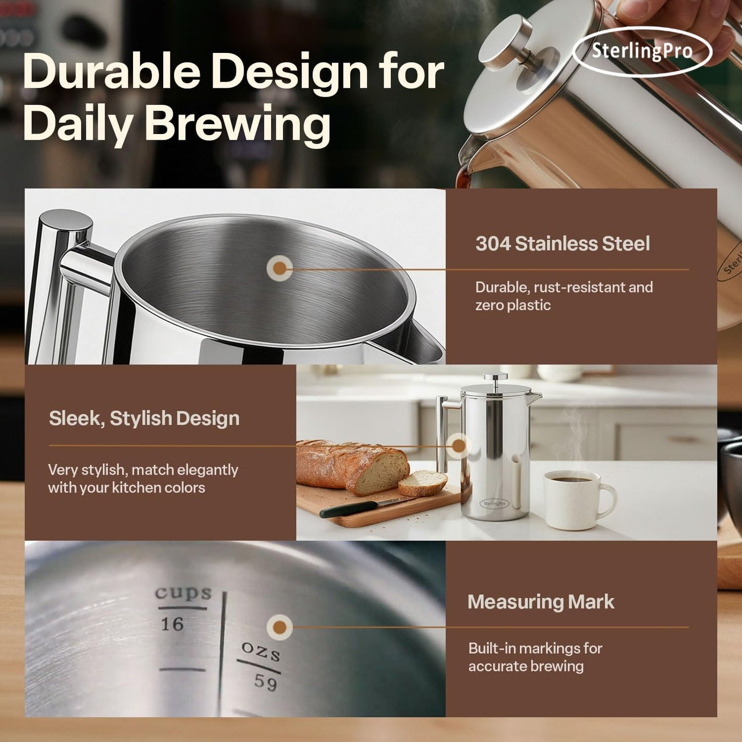 French Press Coffee Maker(1.75L)-Double Walled Large Coffee Press with 2 Free Filters-Enjoy Granule-Free Coffee Guaranteed, Stylish Rust Free Kitchen Accessory-Stainless Steel French Press