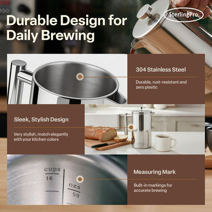 French Press Coffee Maker(1.75L)-Double Walled Large Coffee Press with 2 Free Filters-Enjoy Granule-Free Coffee Guaranteed, Stylish Rust Free Kitchen Accessory-Stainless Steel French Press