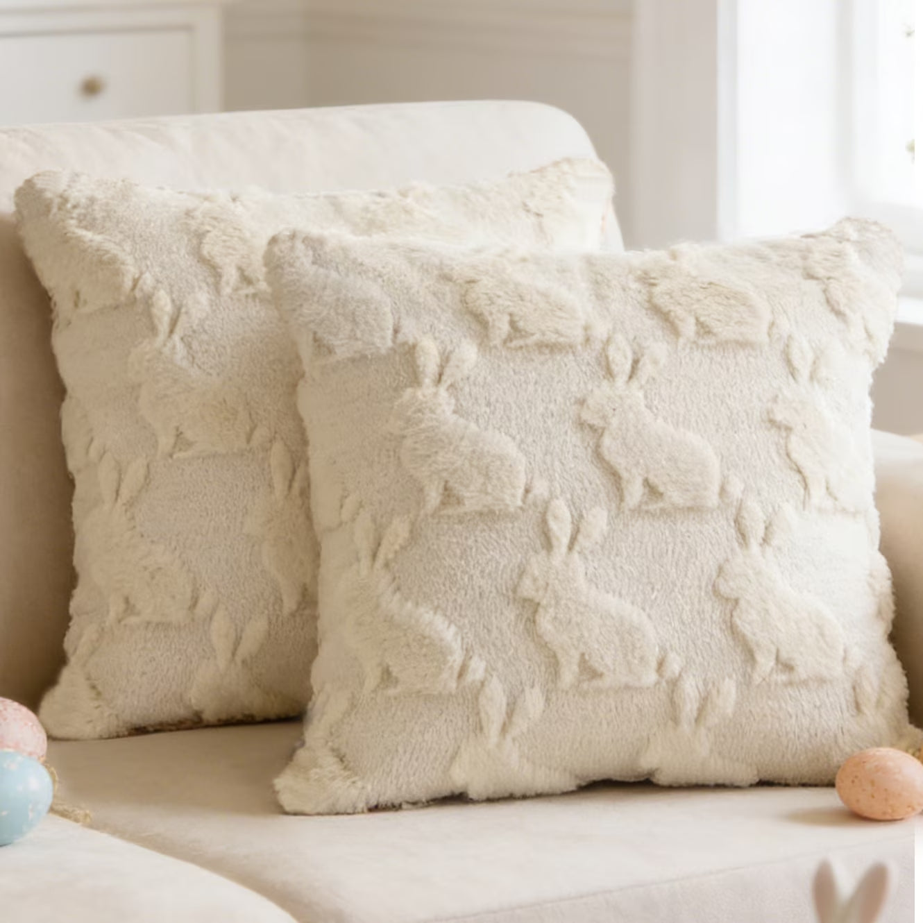 Easter Pillow Covers 18 X 18 Inch Pack of 2 Luxury Soft Bunny Rabbit Pattern Decorative Throw Pillowcases for Happy Easter Spring Holiday Decor Home Party Sofa Couch