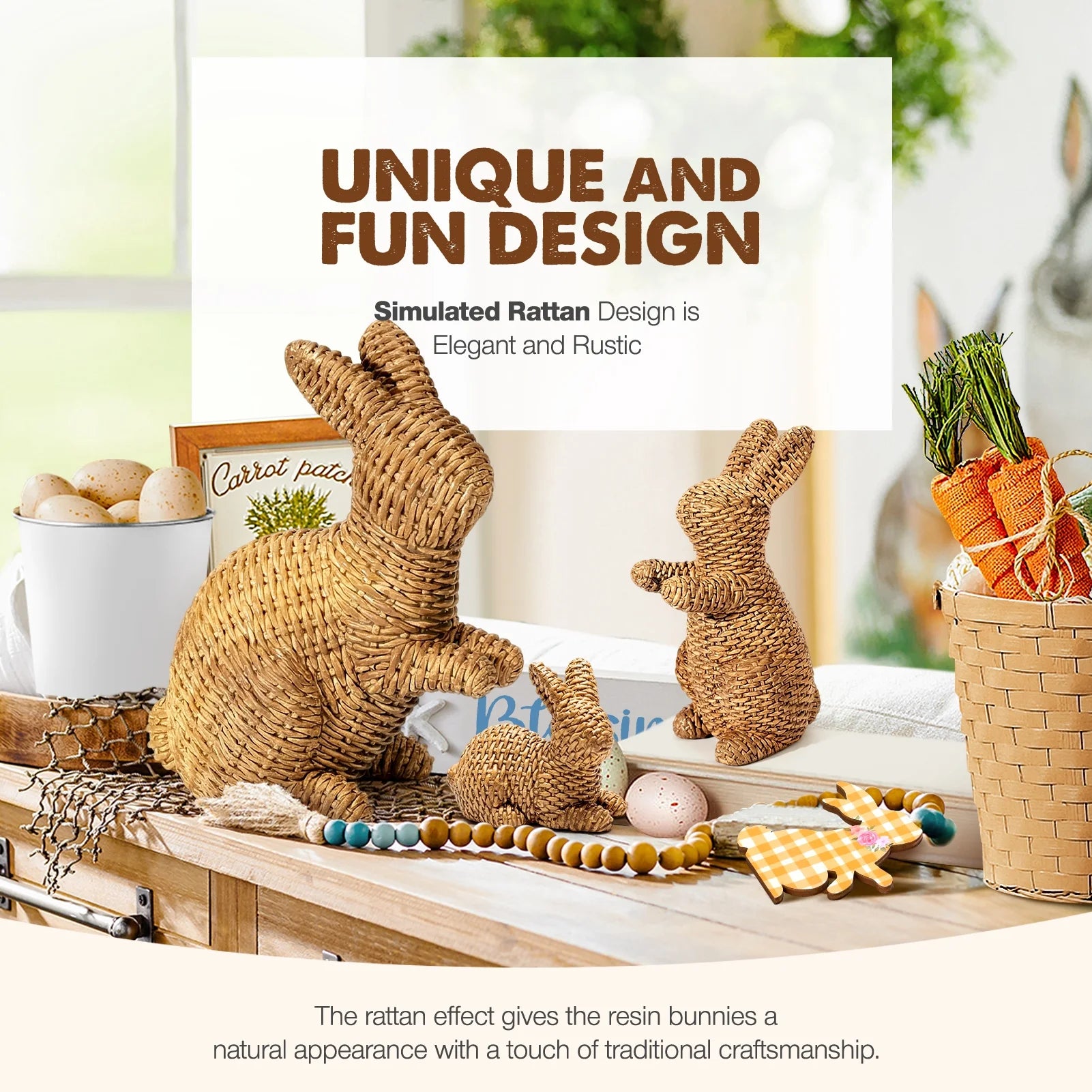 3 Pcs Easter Rabbit Decor, Easter Rattan Bunny Resin Ornaments for Home Courtyard Tabletop to Enhance the Easter Atmosphere