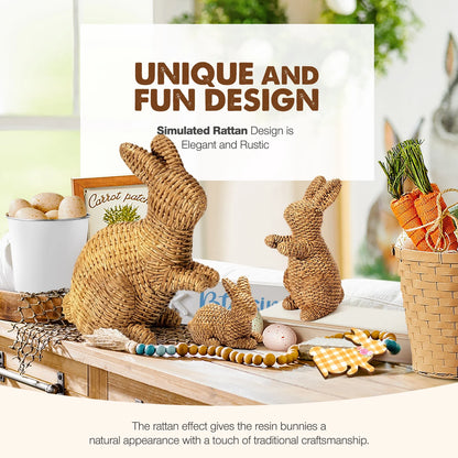 3 Pcs Easter Rabbit Decor, Easter Rattan Bunny Resin Ornaments for Home Courtyard Tabletop to Enhance the Easter Atmosphere