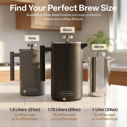 French Press Coffee Maker(1.75L)-Double Walled Large Coffee Press with 2 Free Filters-Enjoy Granule-Free Coffee Guaranteed, Stylish Rust Free Kitchen Accessory-Stainless Steel French Press